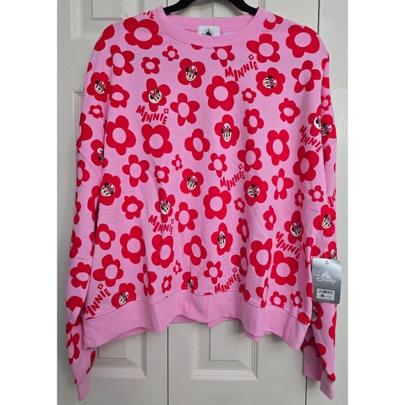 Disney Minnie Mouse Pink Crewneck Sweatshirt With Red Floral Print Large NWT New - Picture 1 of 9